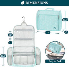 PAVILIA teal chevron bag shows large central compartment for bottles and creams.