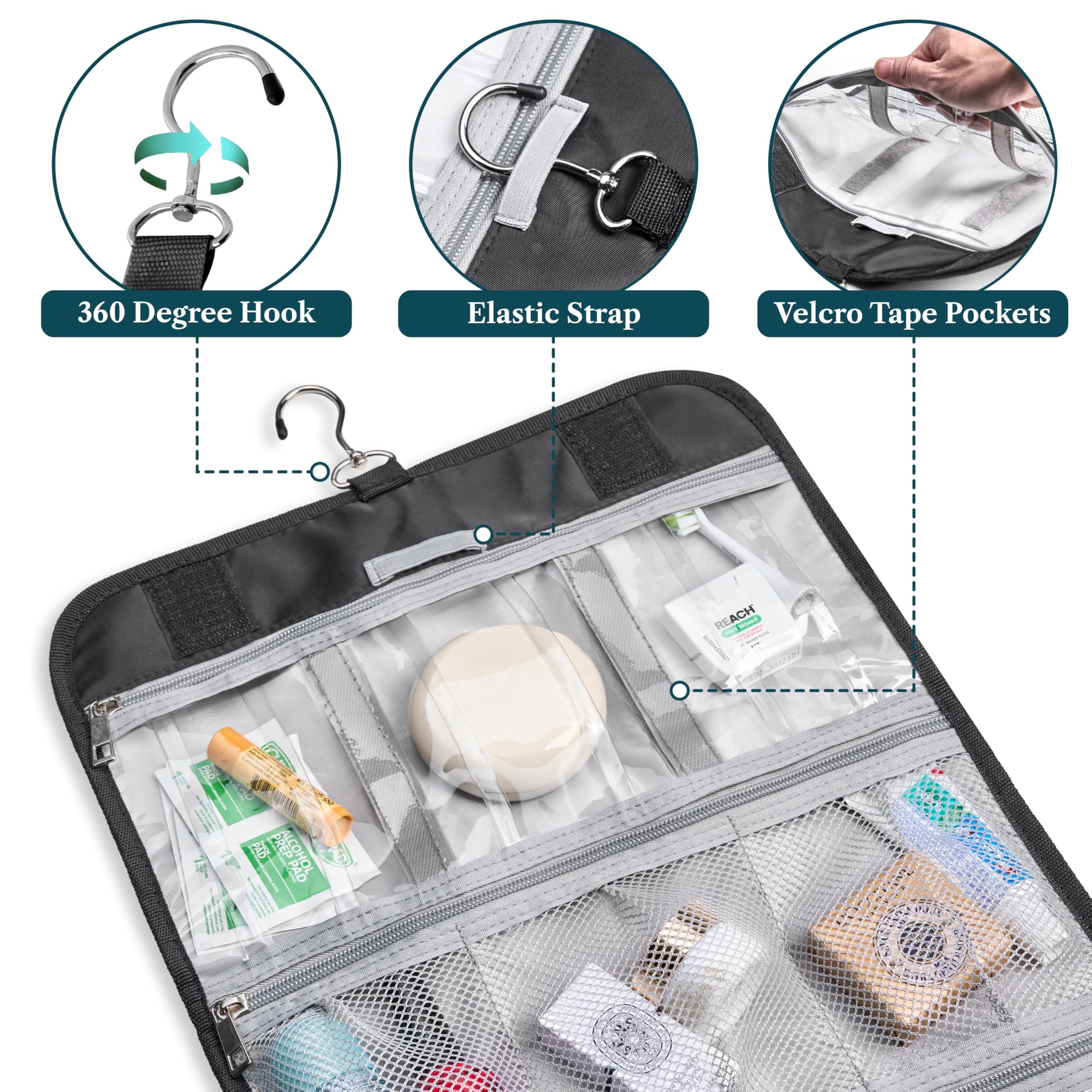 PAVILIA toiletry bag with 4 compartments keeps items separated and easy to reach during travel.