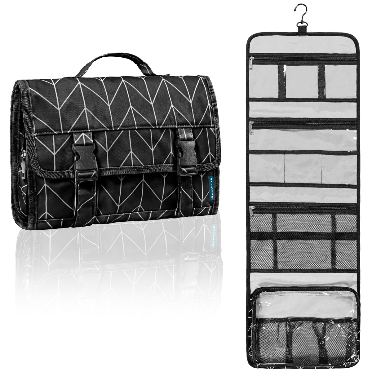 PAVILIA travel hanging toiletry bag front view with extra capacity for toiletries on trips.