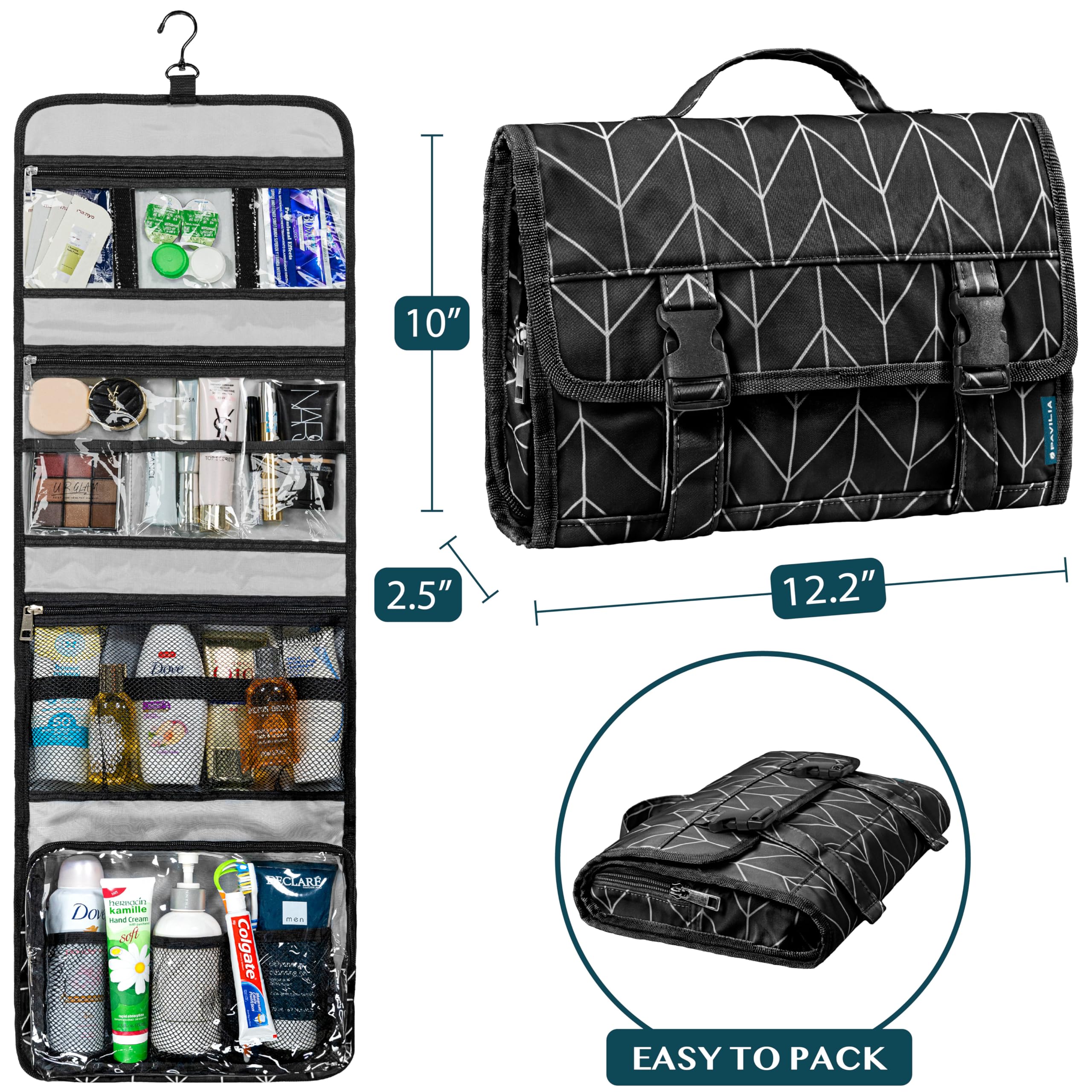 PAVILIA travel hanging toiletry bag interior view showing organized compartments for quick access.