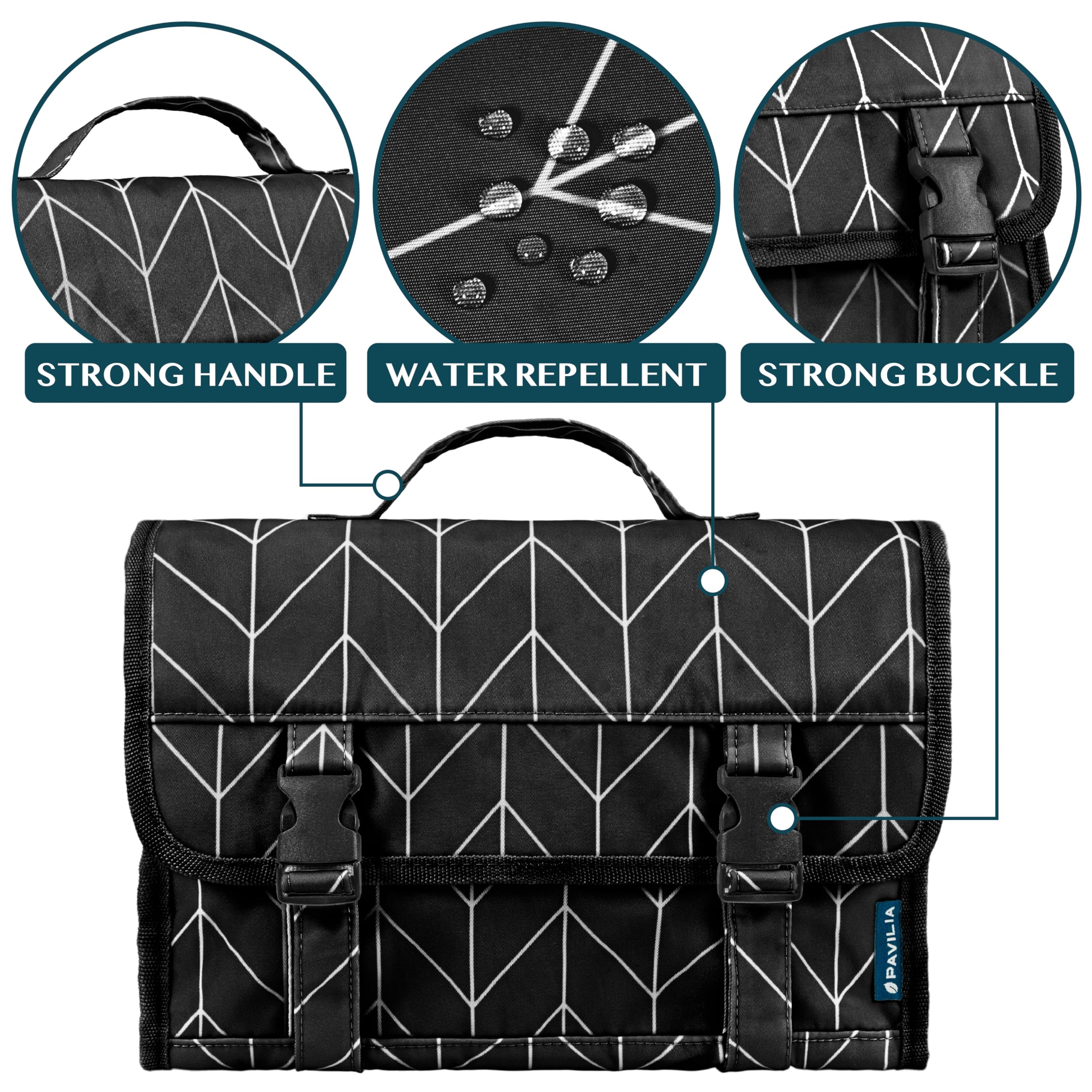 PAVILIA waterproof compartments bag highlights protection for wet items during travel.