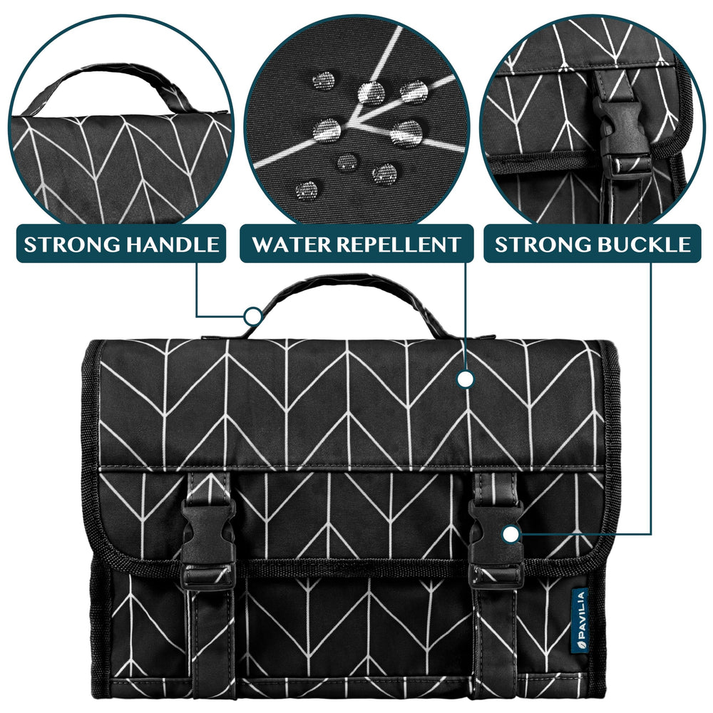 PAVILIA waterproof compartments bag highlights protection for wet items during travel.