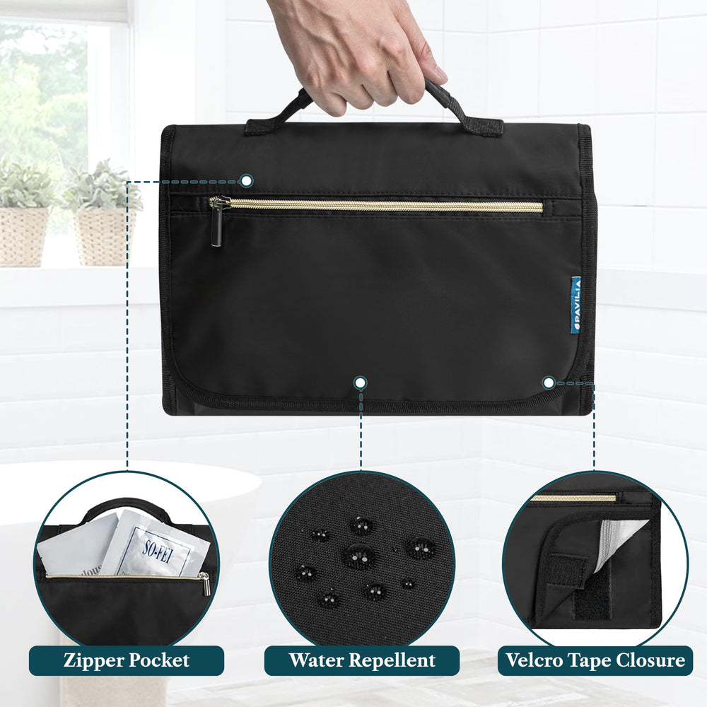 PAVILIA waterproof front-pocket keeps wet items contained during trips.