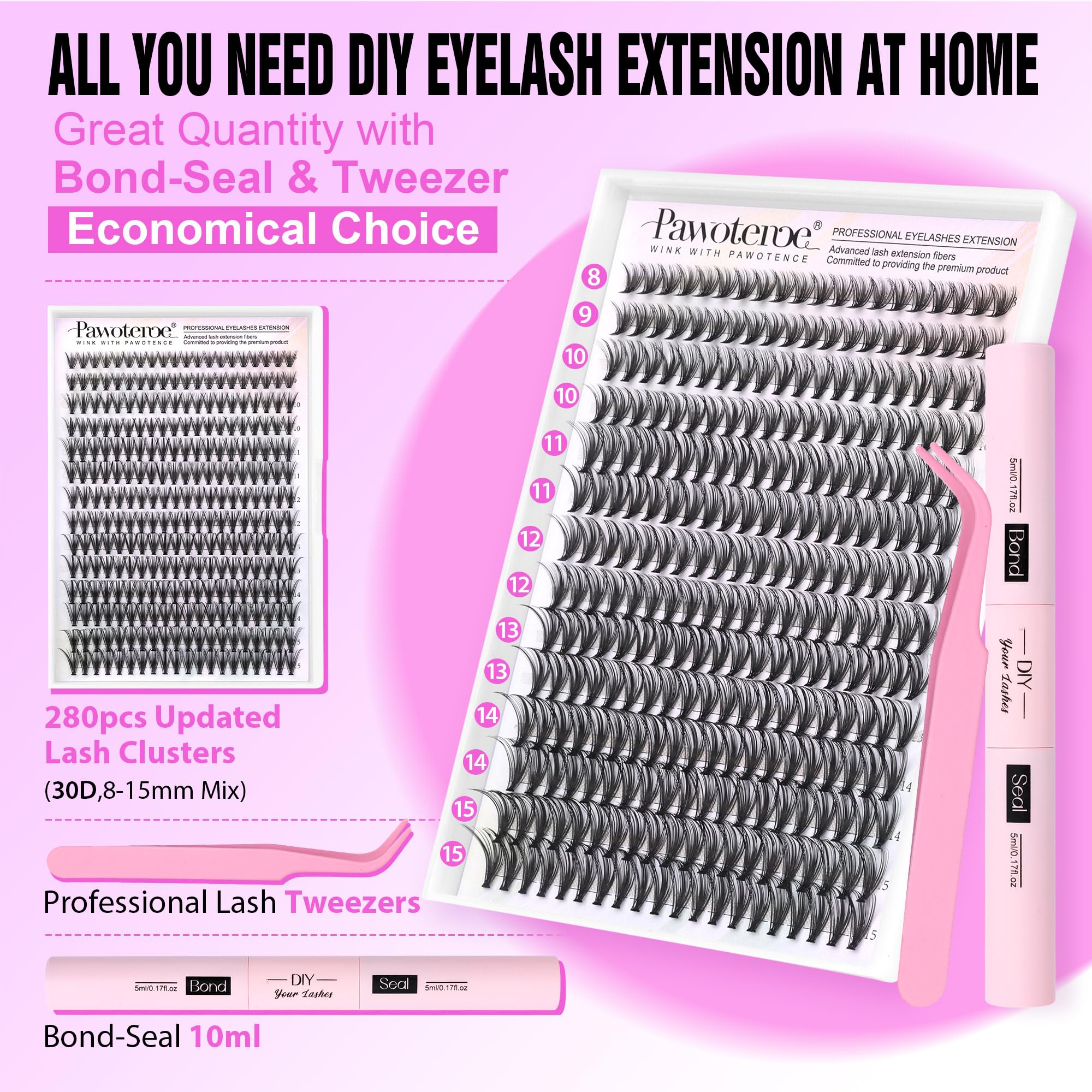 Pawotence cluster lashes 30D 8-15mm provide natural fullness and customization options.