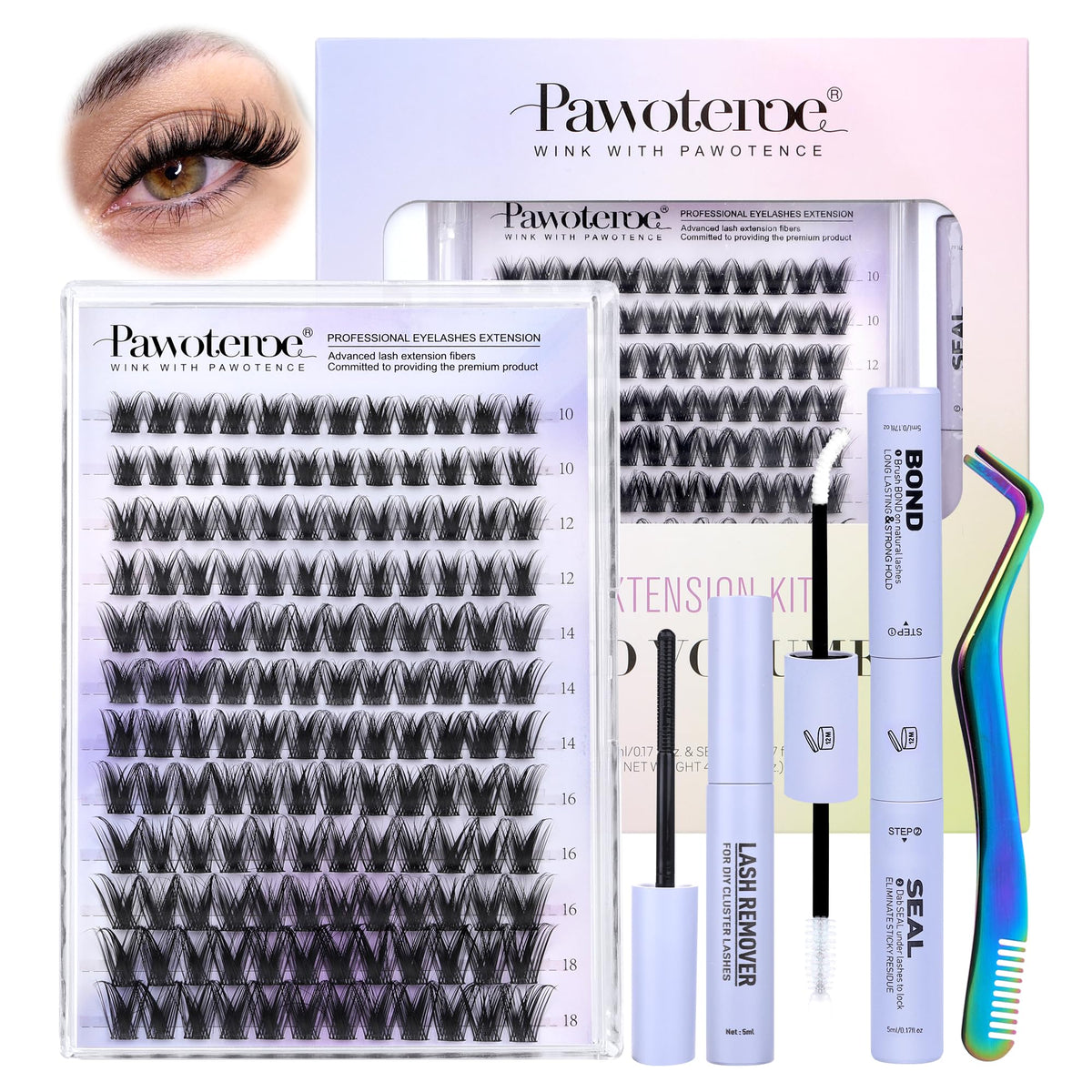 Pawotence Kira lash clusters kit 144pcs for versatile 10–18mm looks.