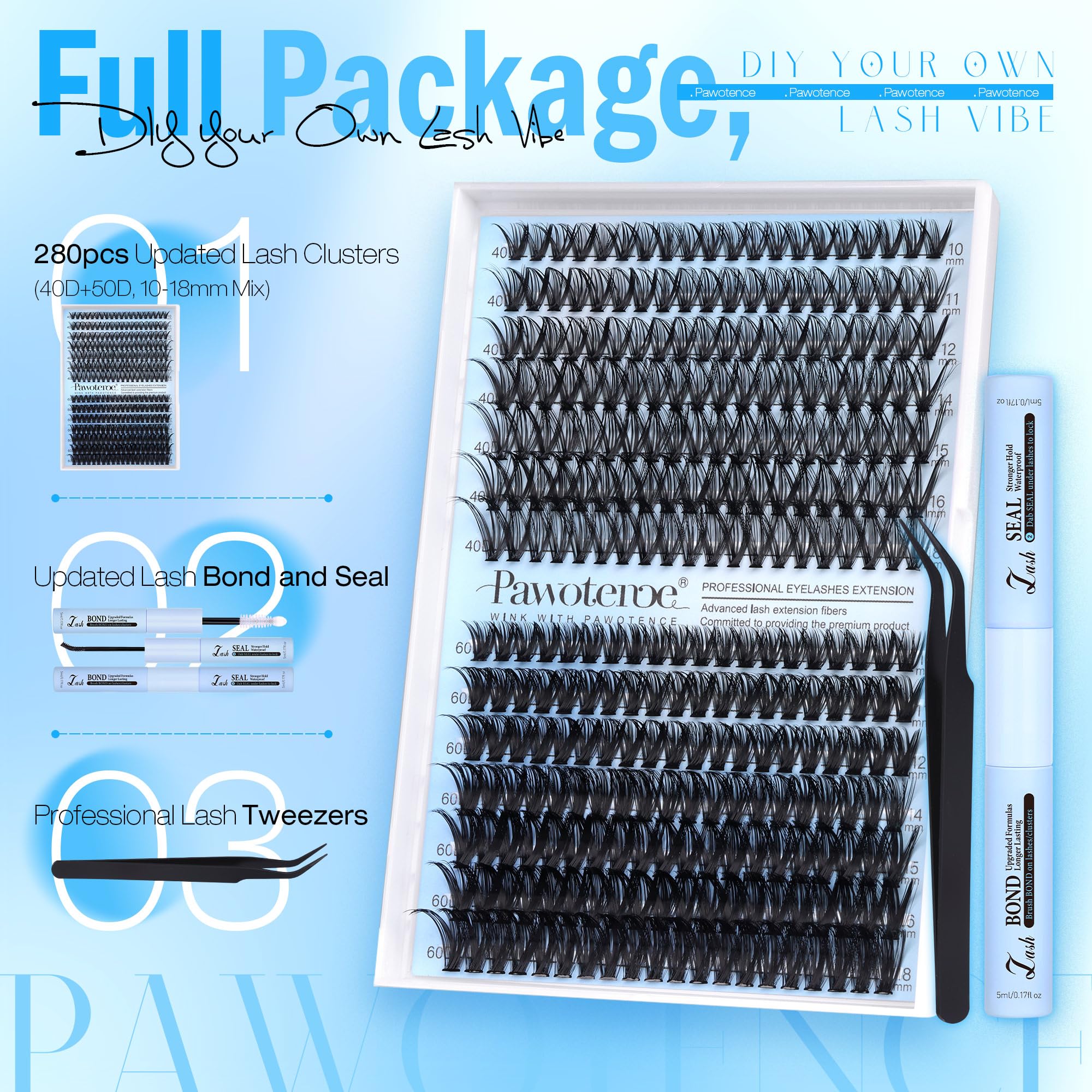 Pawotence lash bond and seal for secure, long lasting cluster wear.