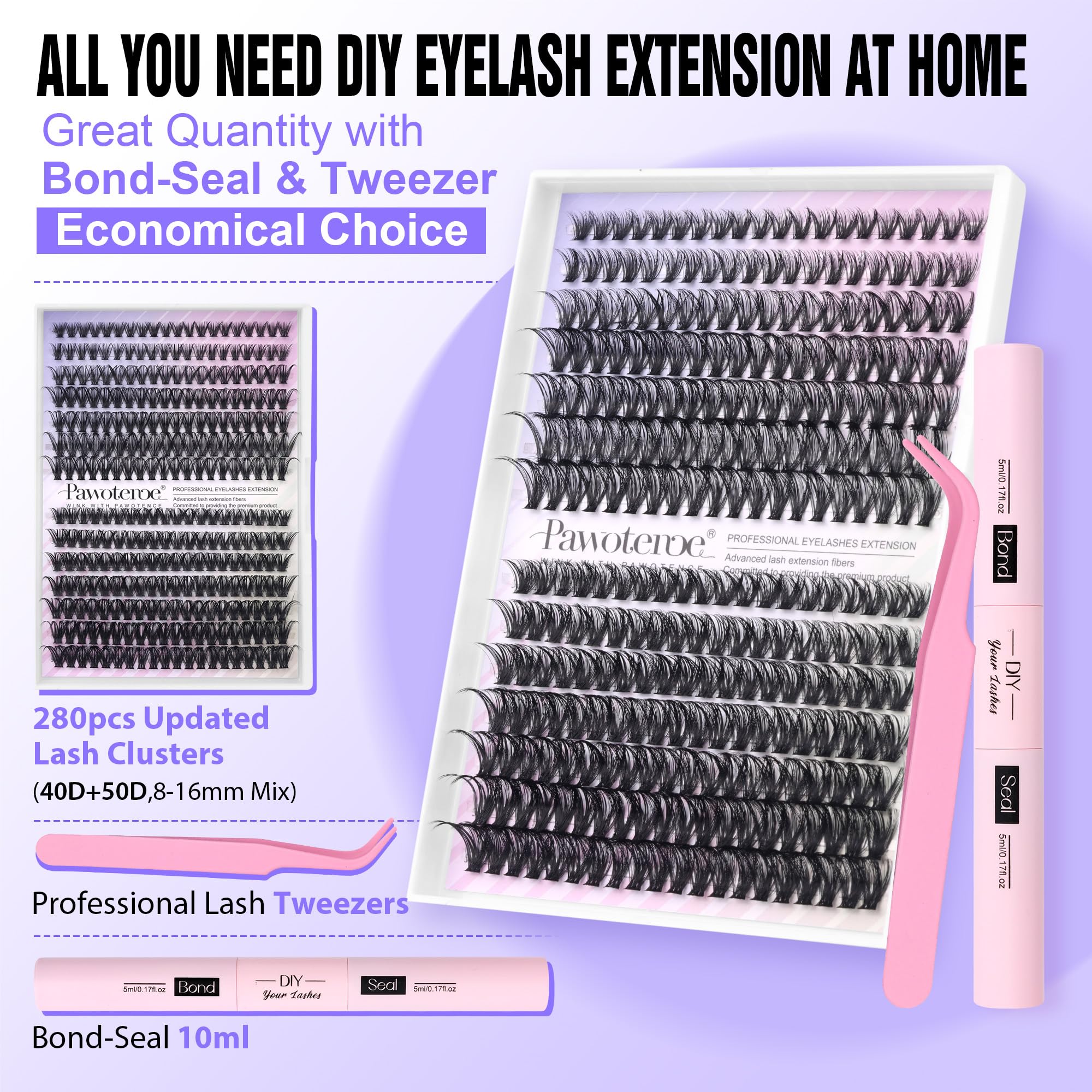 Pawotence lash clusters 40D and 50D close-up showing soft, durable fibers