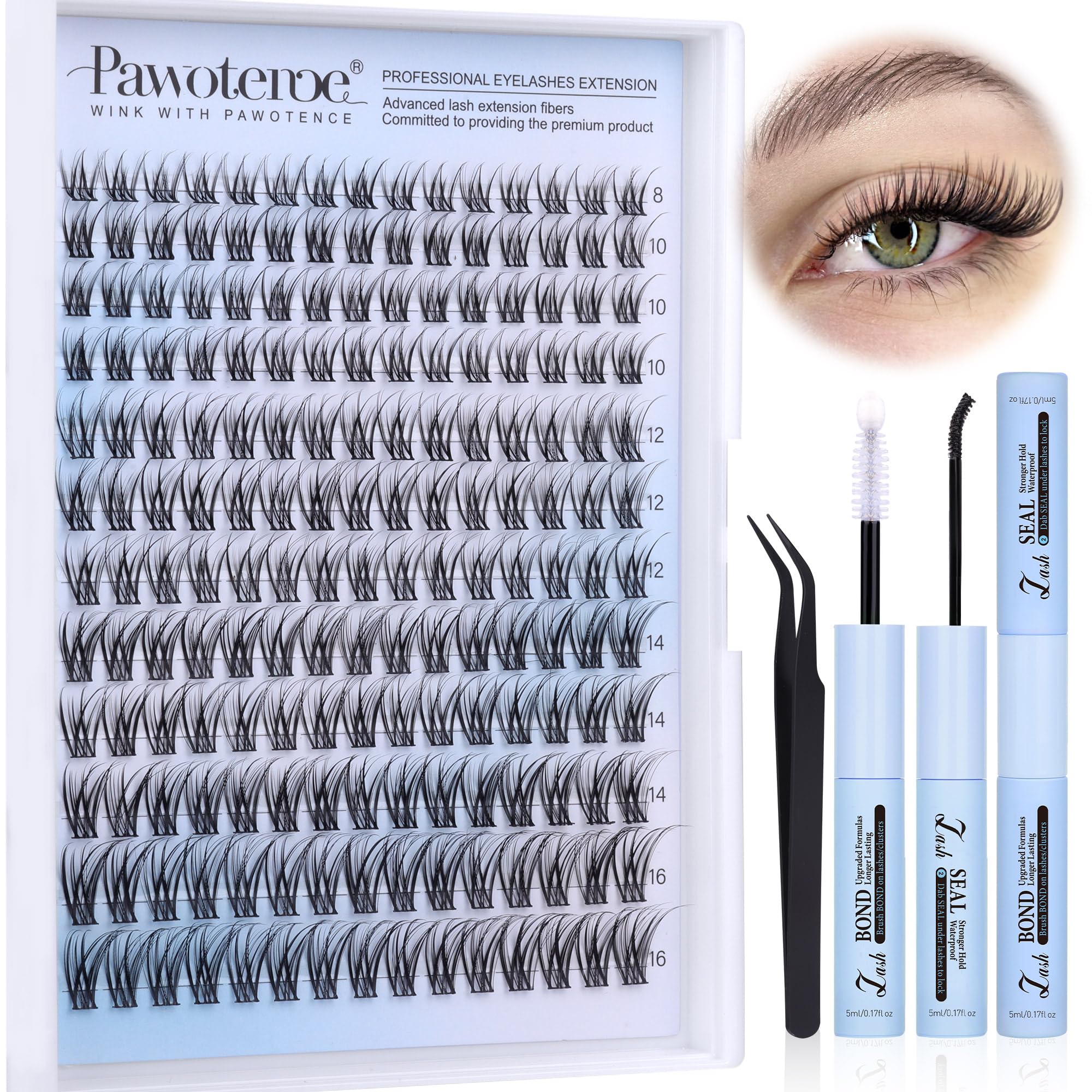 Pawotence lash clusters kit 180pcs 8-16mm for natural volume at home