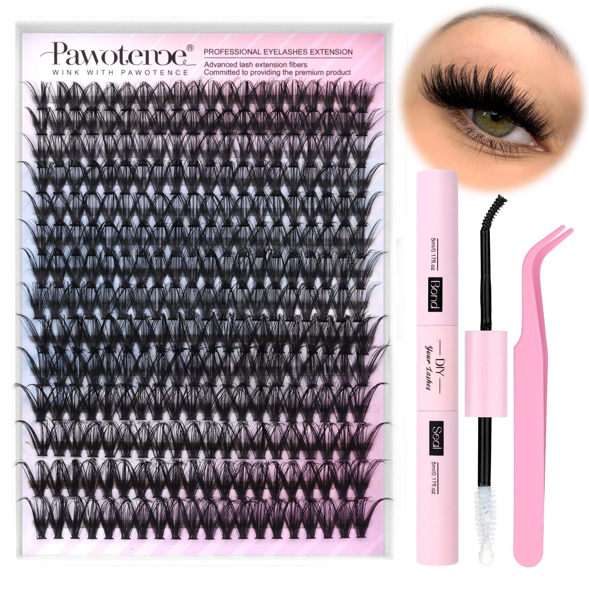 Pawotence Lash Extension Kit 40D cluster lashes for a fuller, natural look