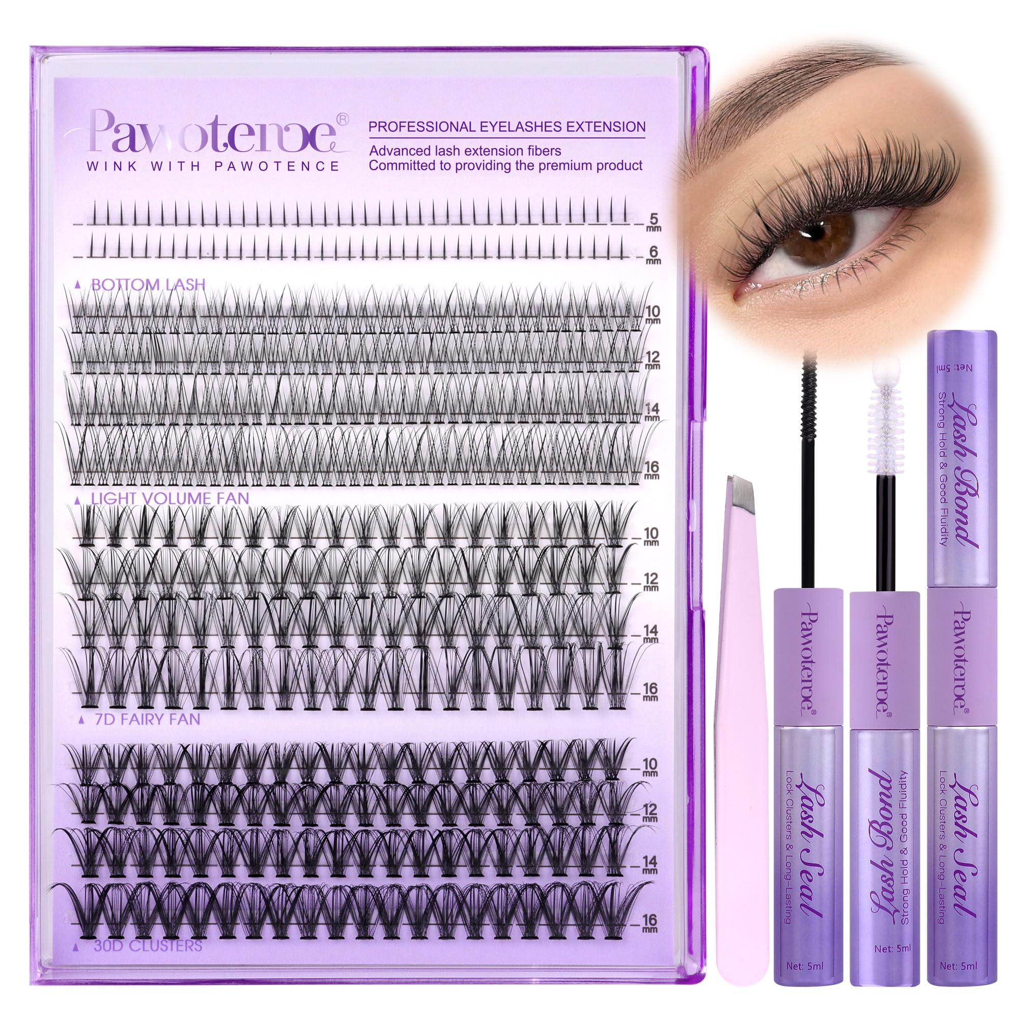 Pawotence lash-extension-kit four styles cluster lashes for natural-looking volume.