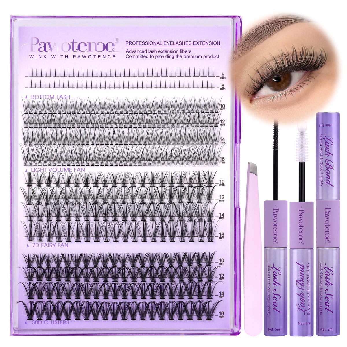 Pawotence lash-extension-kit four styles cluster lashes for natural-looking volume.