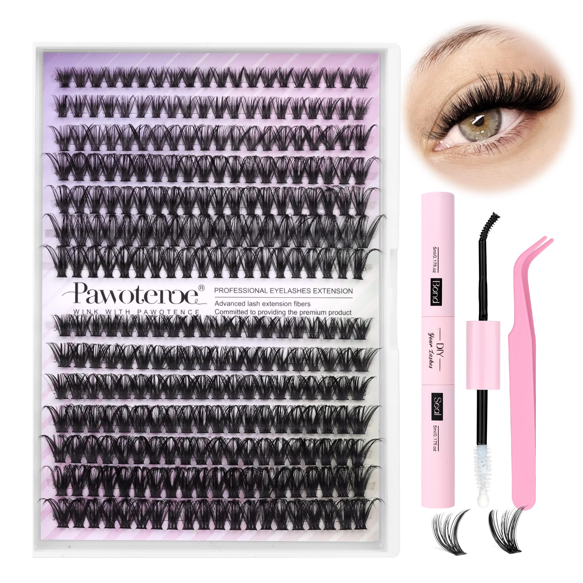 Pawotence Lash Extension Kit box with 40D/50D clusters for DIY lash sets