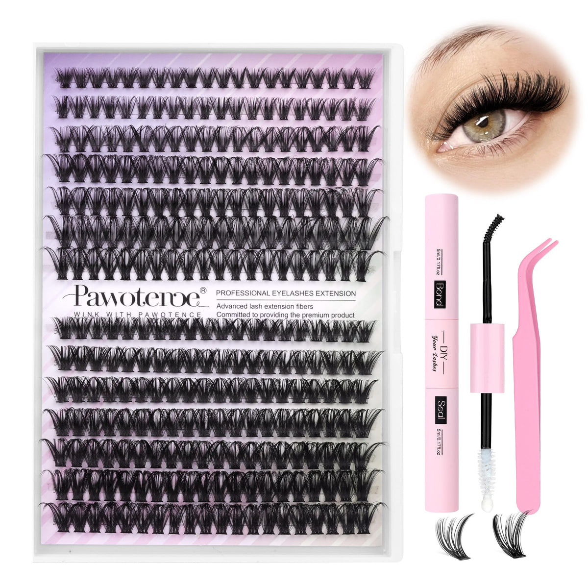Pawotence Lash Extension Kit box with 40D/50D clusters for DIY lash sets