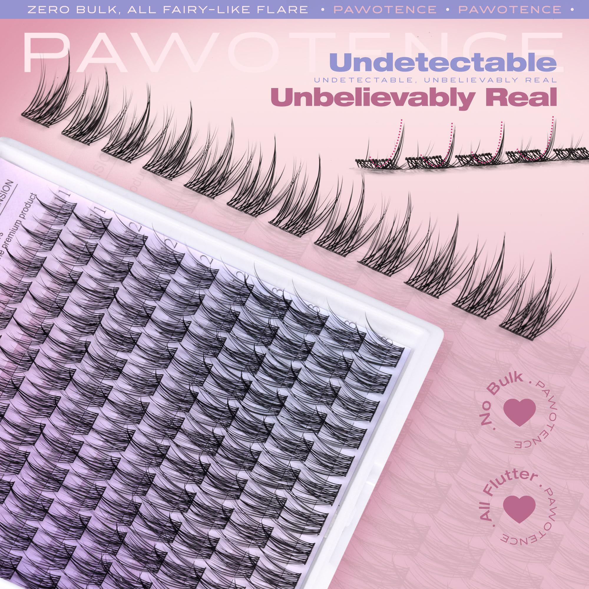 Pawotence ultra-thin-band lash clusters lay flat for all-day comfort.