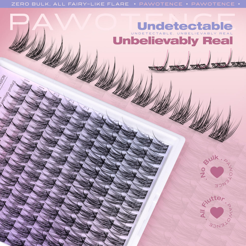 Pawotence ultra-thin-band lash clusters lay flat for all-day comfort.