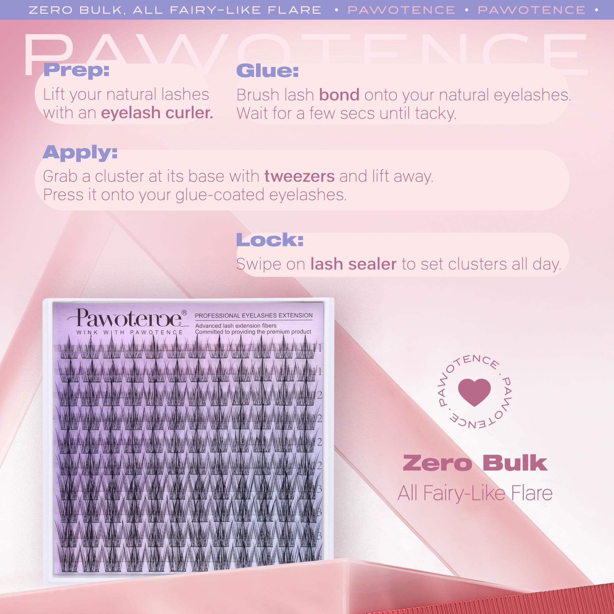 Pawotence lashes show fine fiber texture for seamless blend.