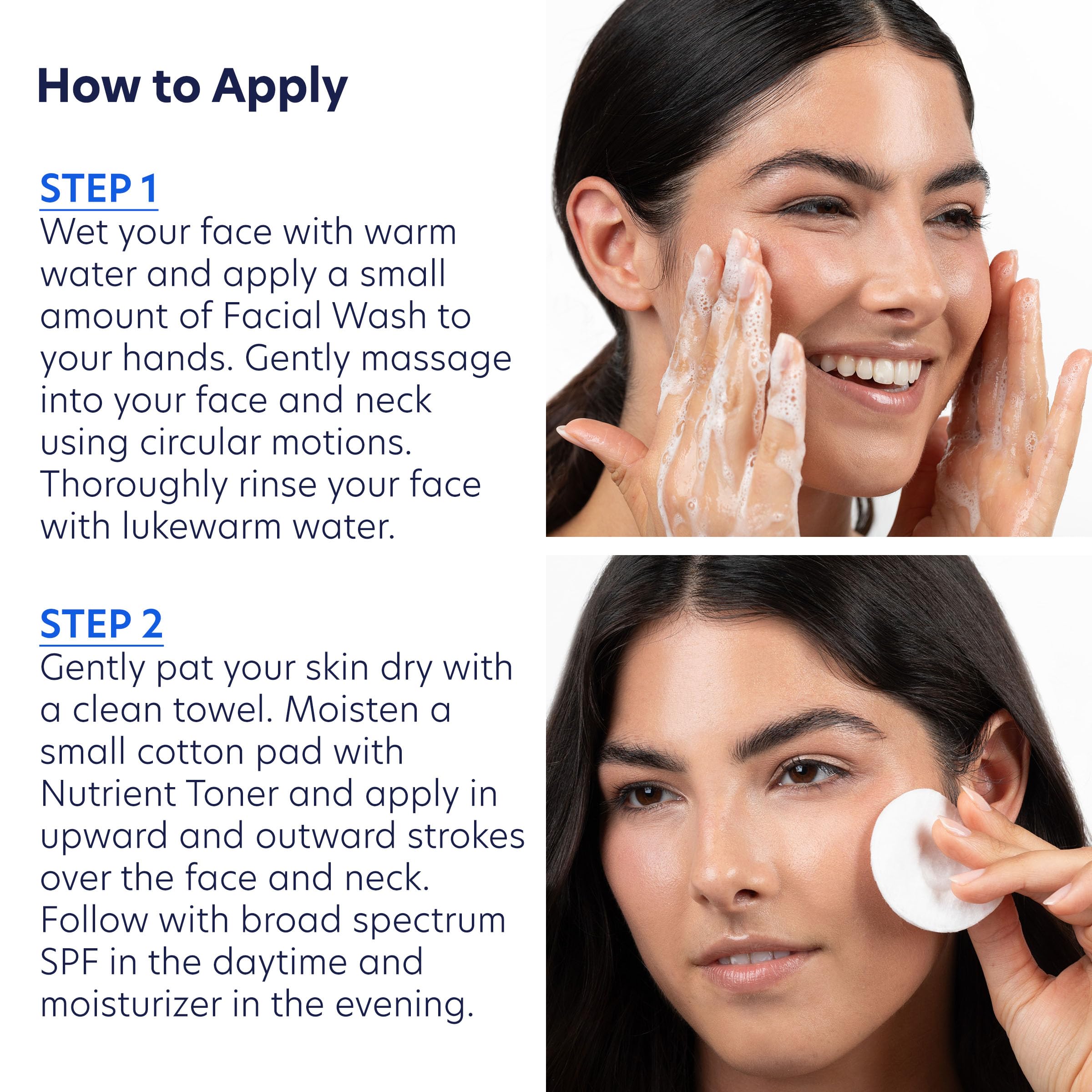 Morning and evening routine setup demonstrating cleanse, tone, and follow-up steps.