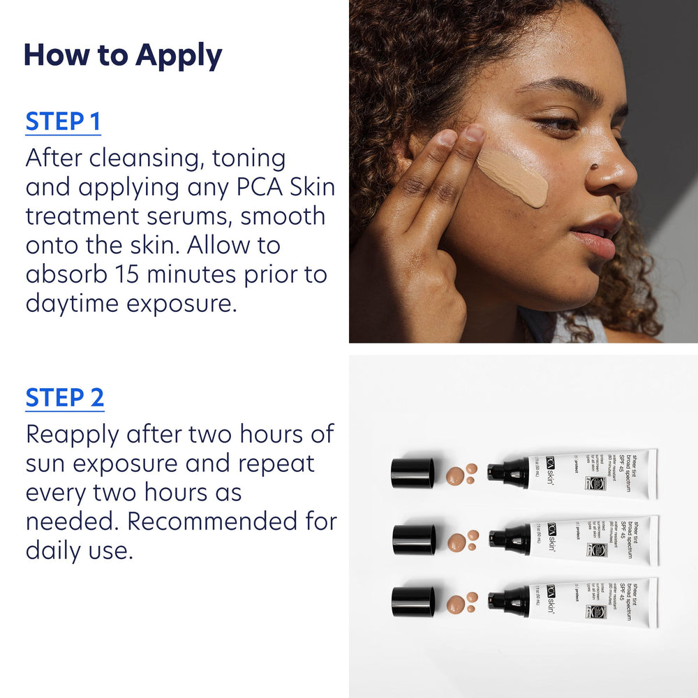 PCA Skin Sheer Tinted Sunscreen layered under makeup for a natural finish.