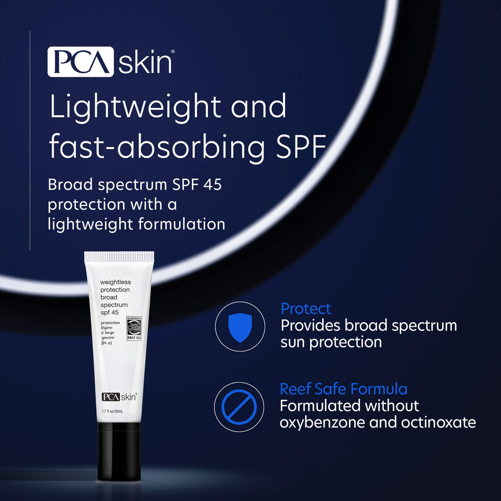 PCA SKIN Weightless Protection SPF 45 application on skin demonstrates easy daily use.