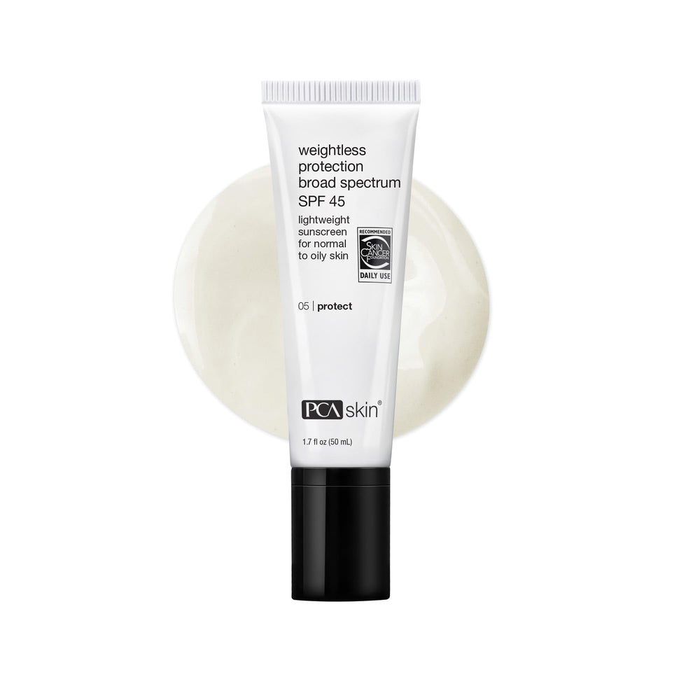 PCA SKIN Weightless Protection SPF 45 bottle delivers light, non-greasy sun protection.