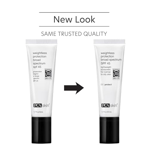 PCA SKIN Weightless Protection SPF 45 texture close-up shows a sheer, blendable finish.