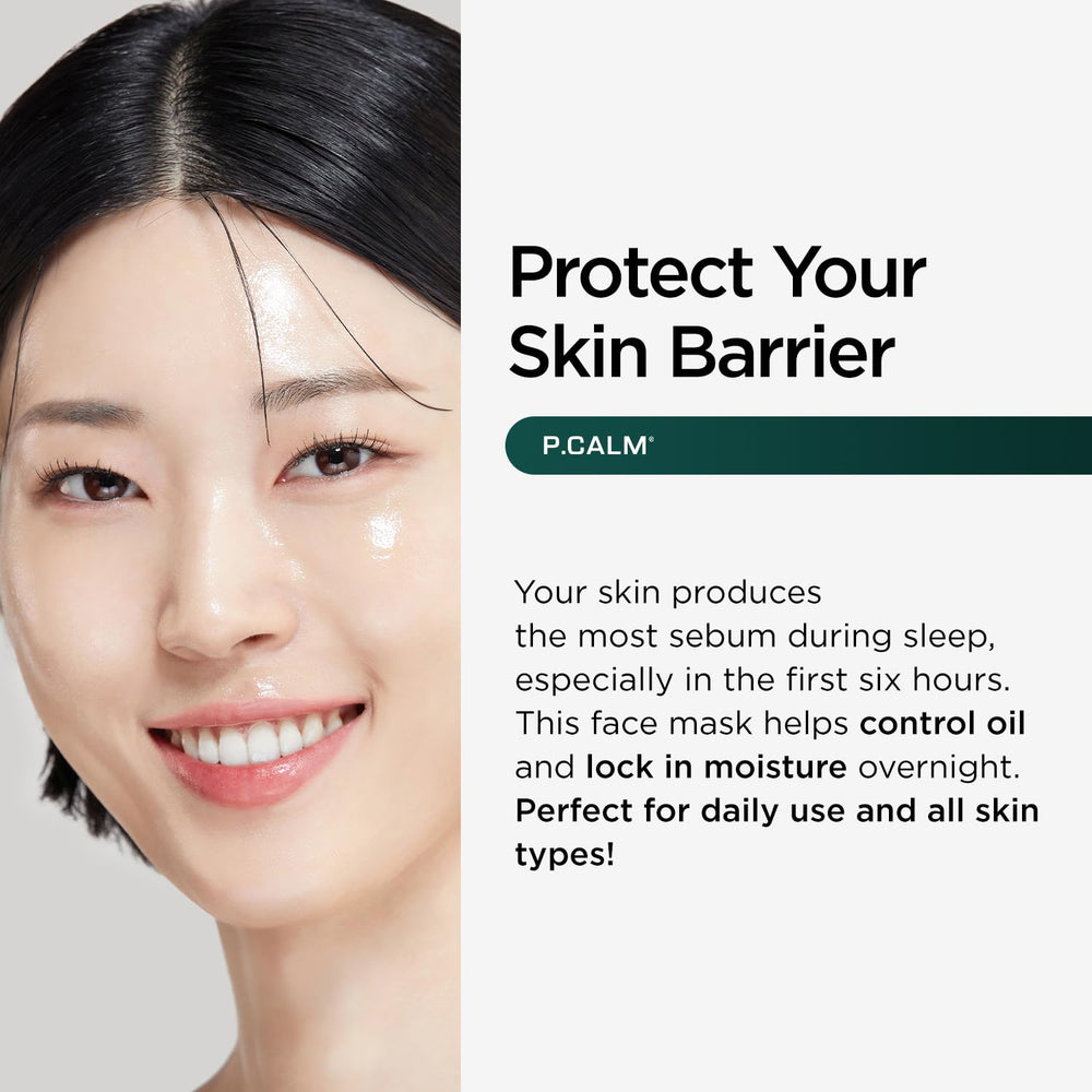 P.CALM Barrier Cycle Sheet Mask being applied to skin for hydration and balance.