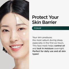 P.CALM Barrier Cycle Sheet Mask being applied to skin for hydration and balance.