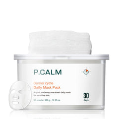 P.CALM Barrier Cycle Sheet Mask fabric close-up showing vegan Lyocell for hydration.