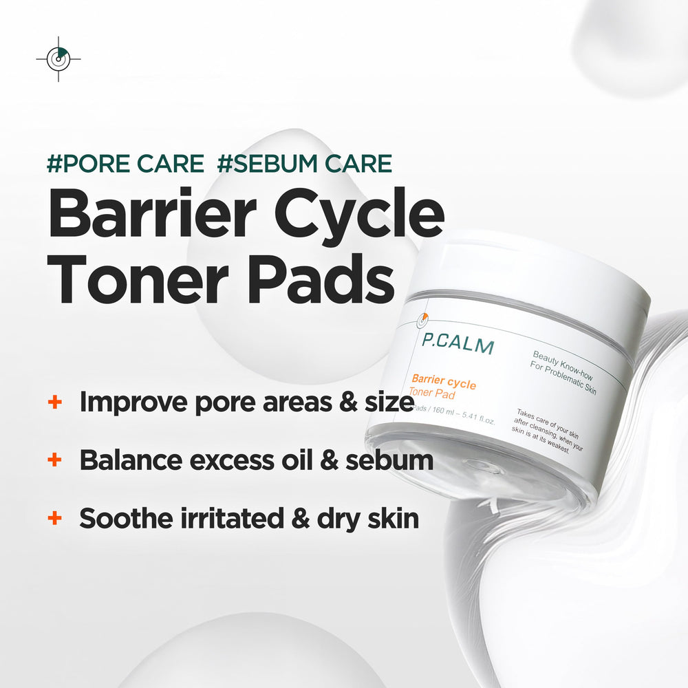 P.CALM Barrier Cycle Toner Pad embossed side for gentle exfoliation and oil control.