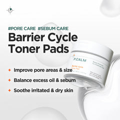 P.CALM Barrier Cycle Toner Pad embossed side for gentle exfoliation and oil control.