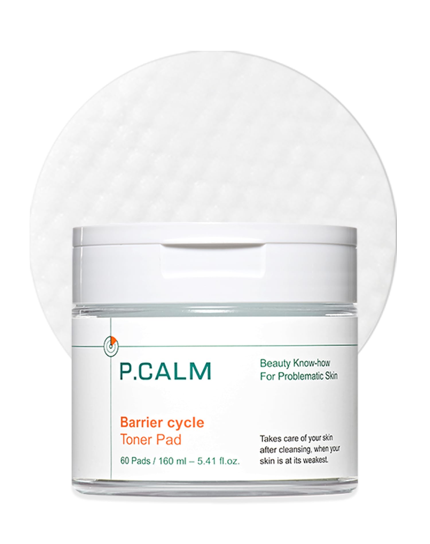 P.CALM Barrier Cycle Toner Pad packaging shows a vegan, calming routine for sensitive skin.