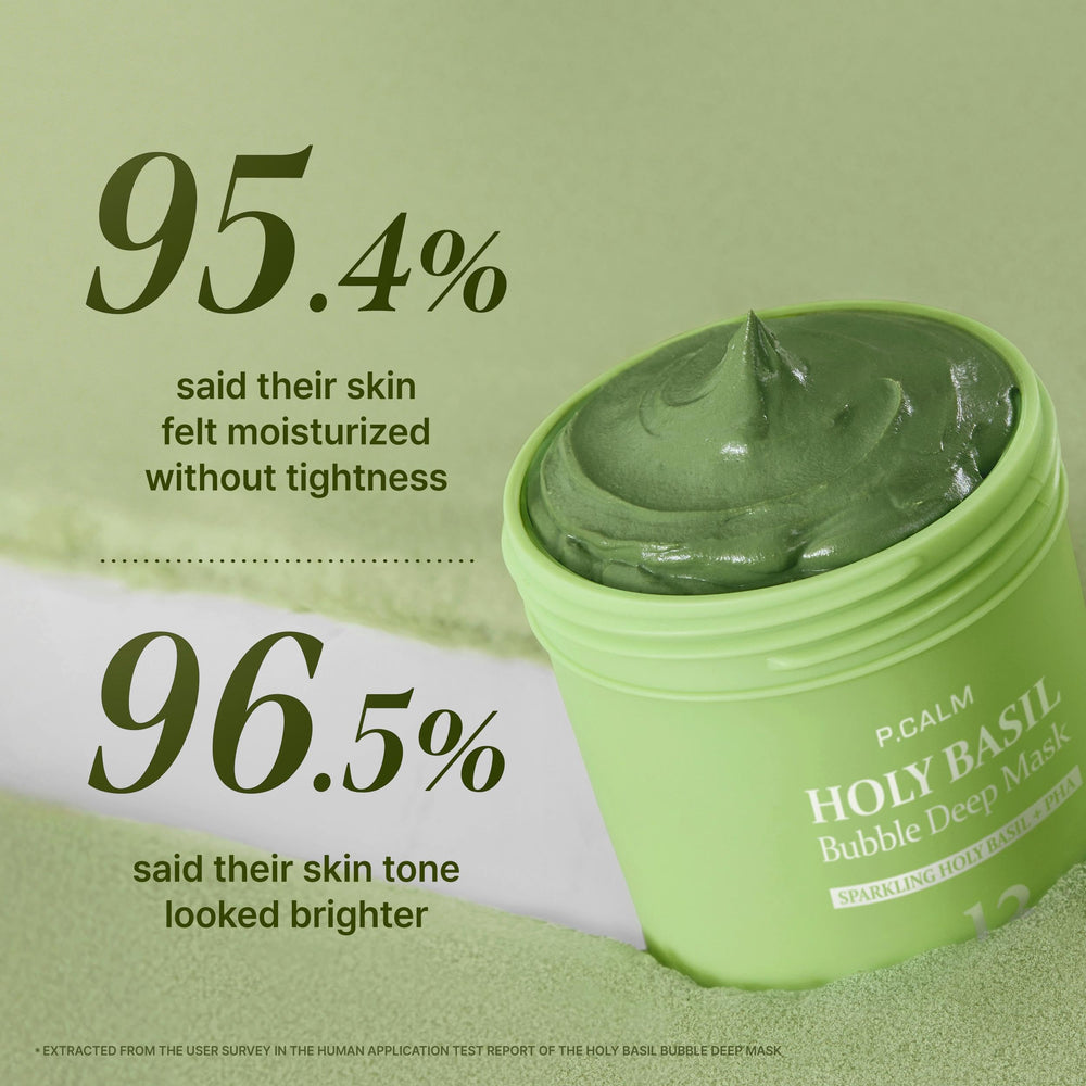 PCALM Holy Basil Bubble Deep Mask shows clay-to-bubbles transition during use.