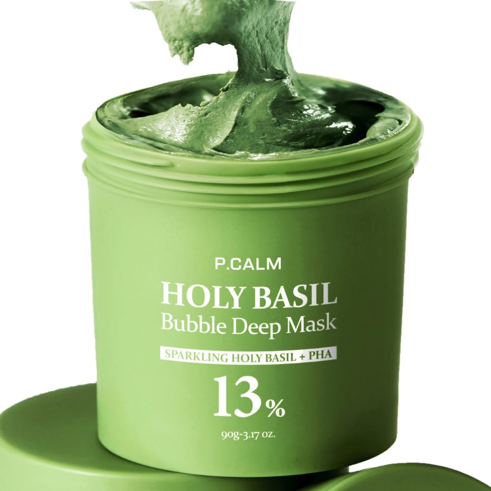 P.CALM Holy Basil Bubble Deep Mask jar with clay turning into bubbles for deep cleansing.