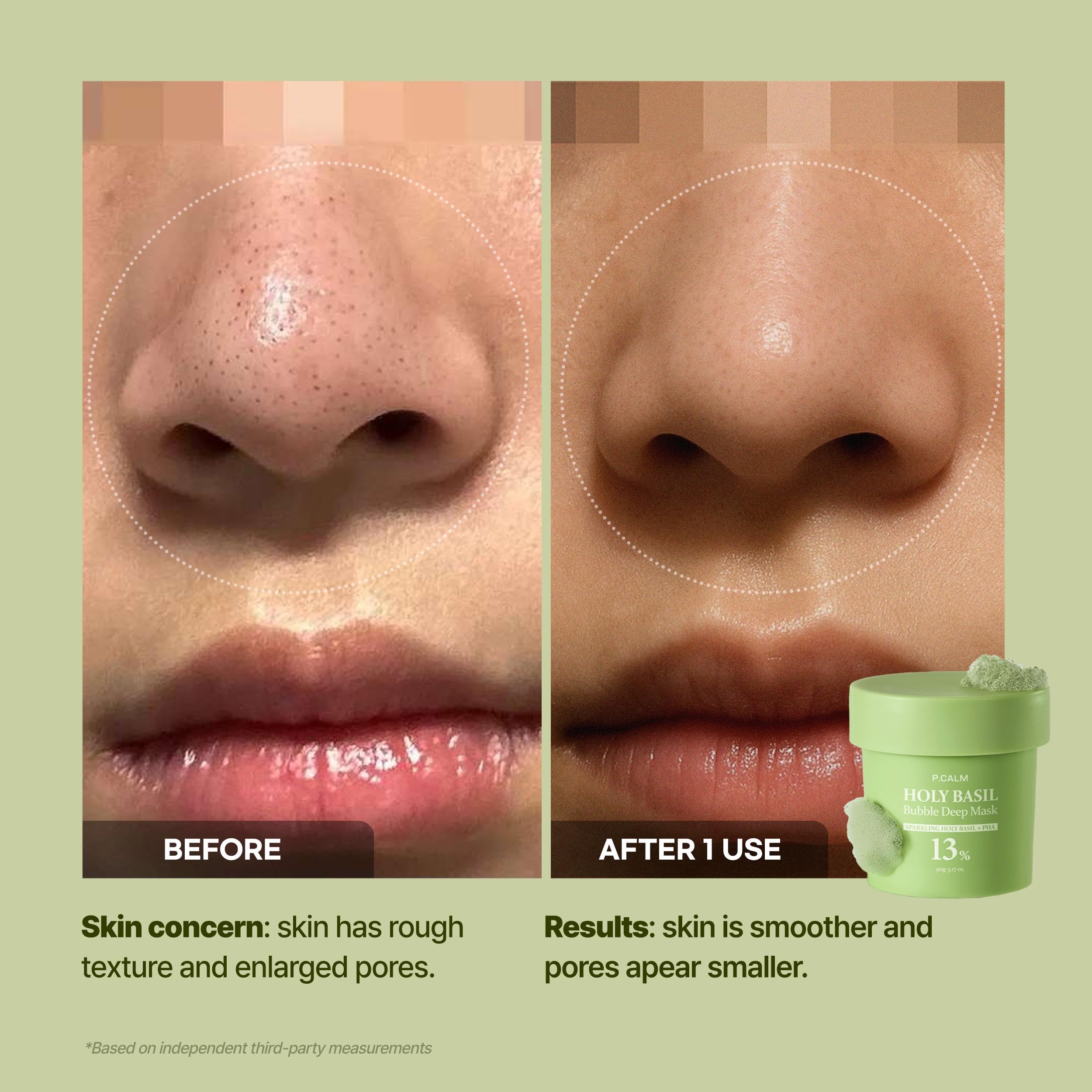 Close-up of P.CALM bubble mask cleansing pores for a refreshed complexion.