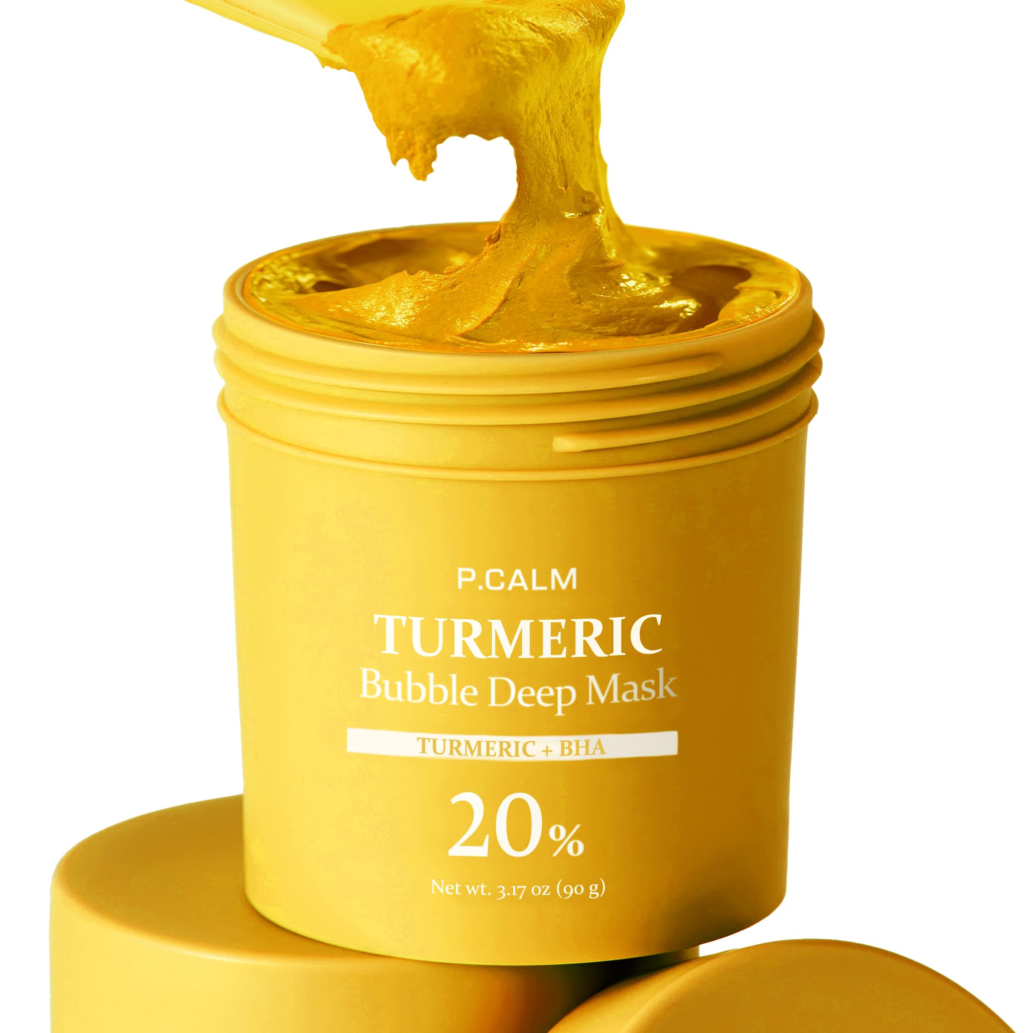 P.CALM Turmeric Bubble Deep Mask during application shows clay-to-bubble transformation for cleansing.