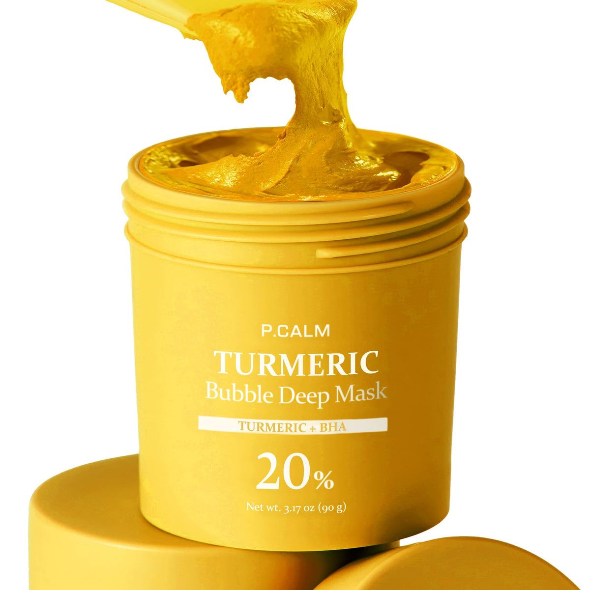 P.CALM Turmeric Bubble Deep Mask during application shows clay-to-bubble transformation for cleansing.