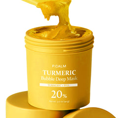 P.CALM Turmeric Bubble Deep Mask during application shows clay-to-bubble transformation for cleansing.