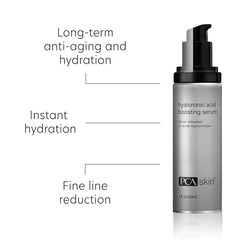 PCA SKIN Hyaluronic Acid Serum bottle delivering instant surface hydration.