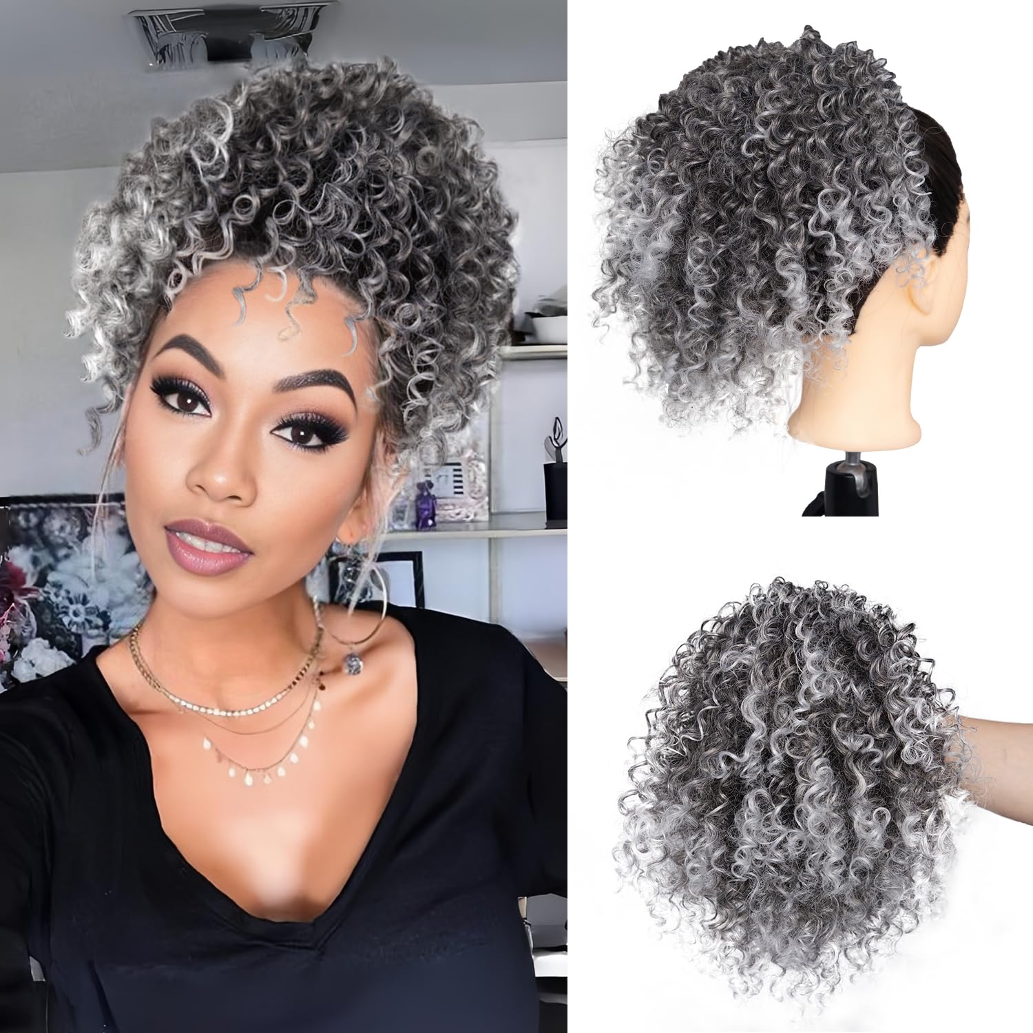 Pcololin short kinky curly grey drawstring ponytail 10 inch for quick, natural-looking volume.