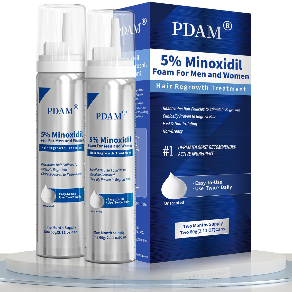 Pdam minoxidil foam bottle close-up for easy home use.