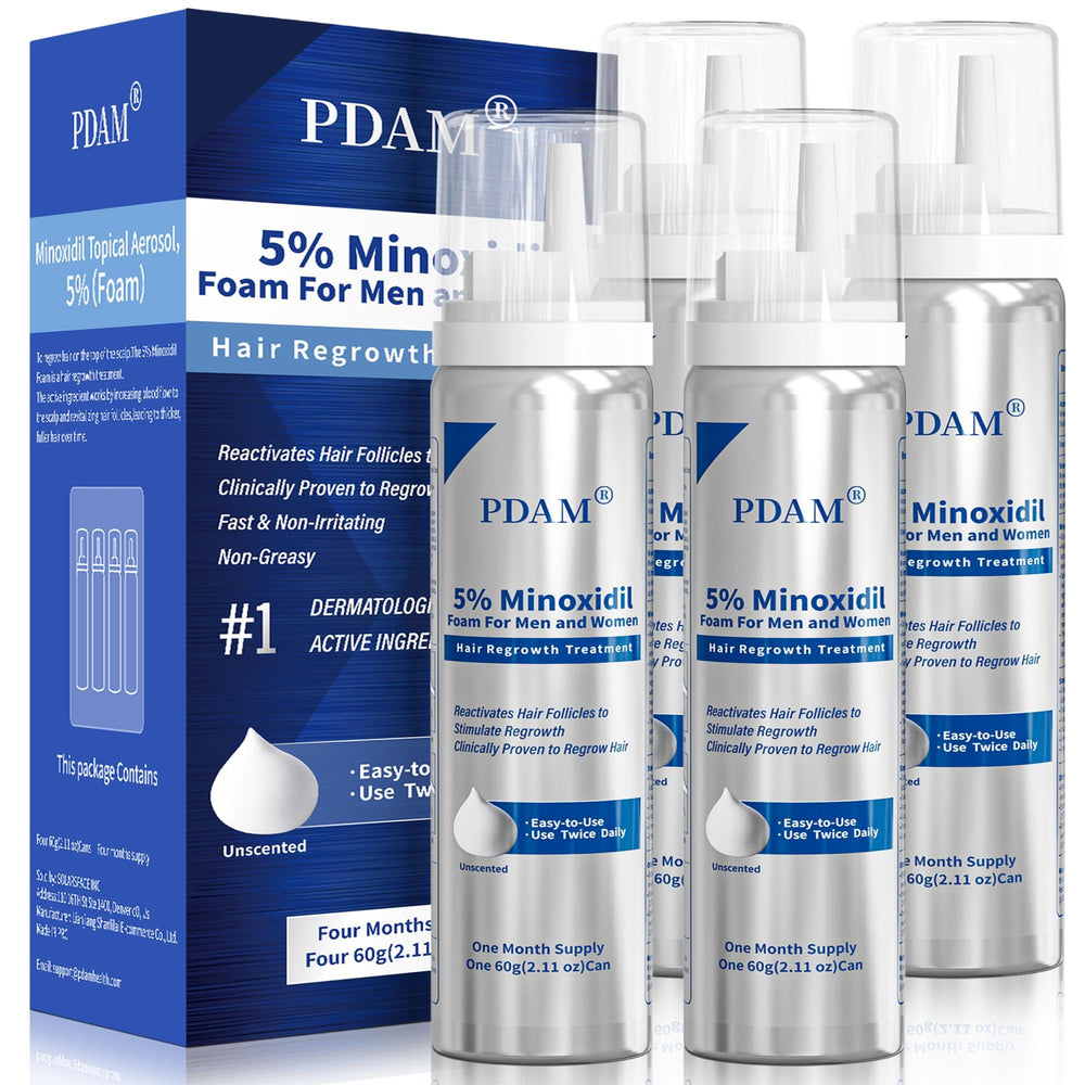 Pdam Minoxidil foam bottle with pump for easy scalp application.