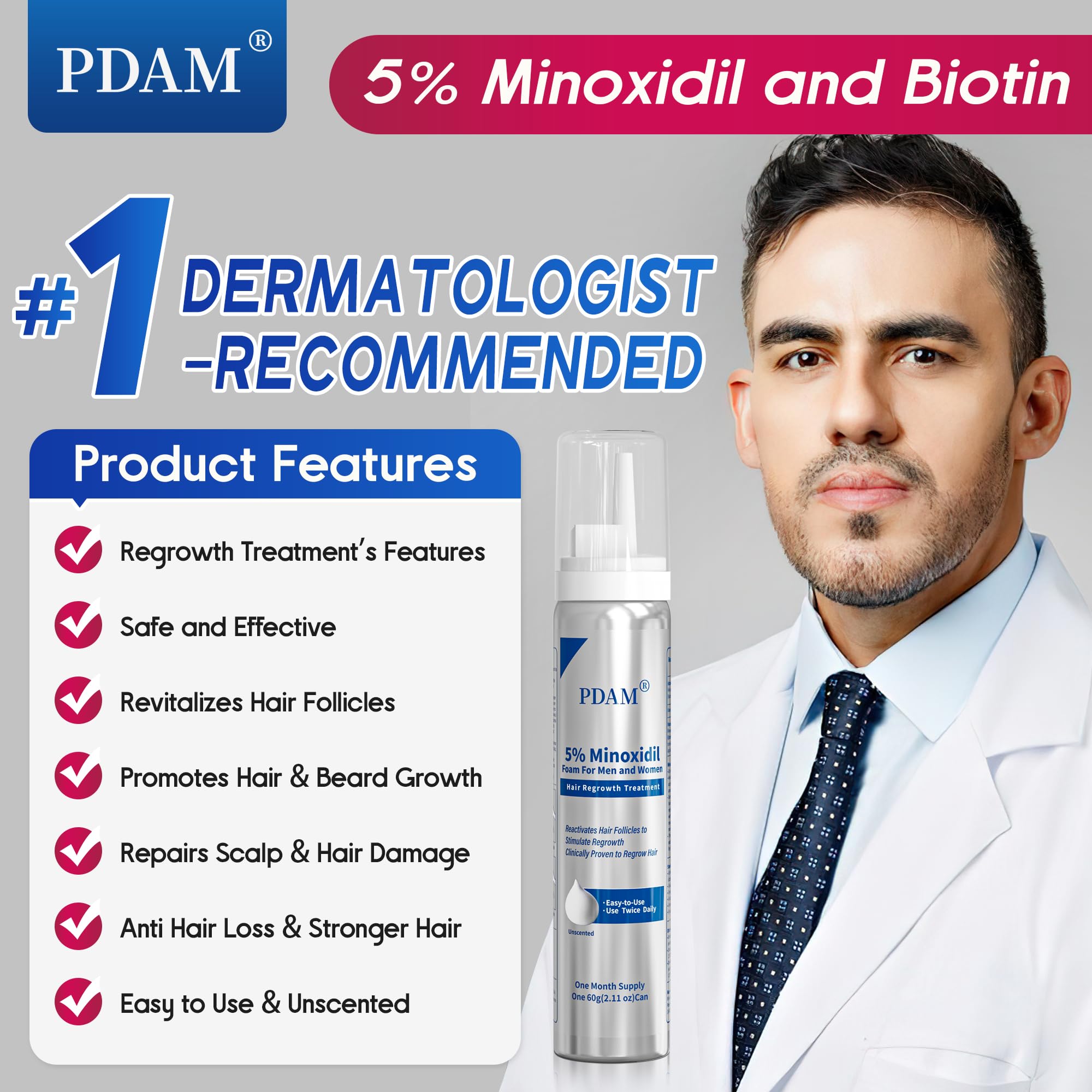 Pdam Minoxidil foam close-up shows light texture and quick scalp absorption.