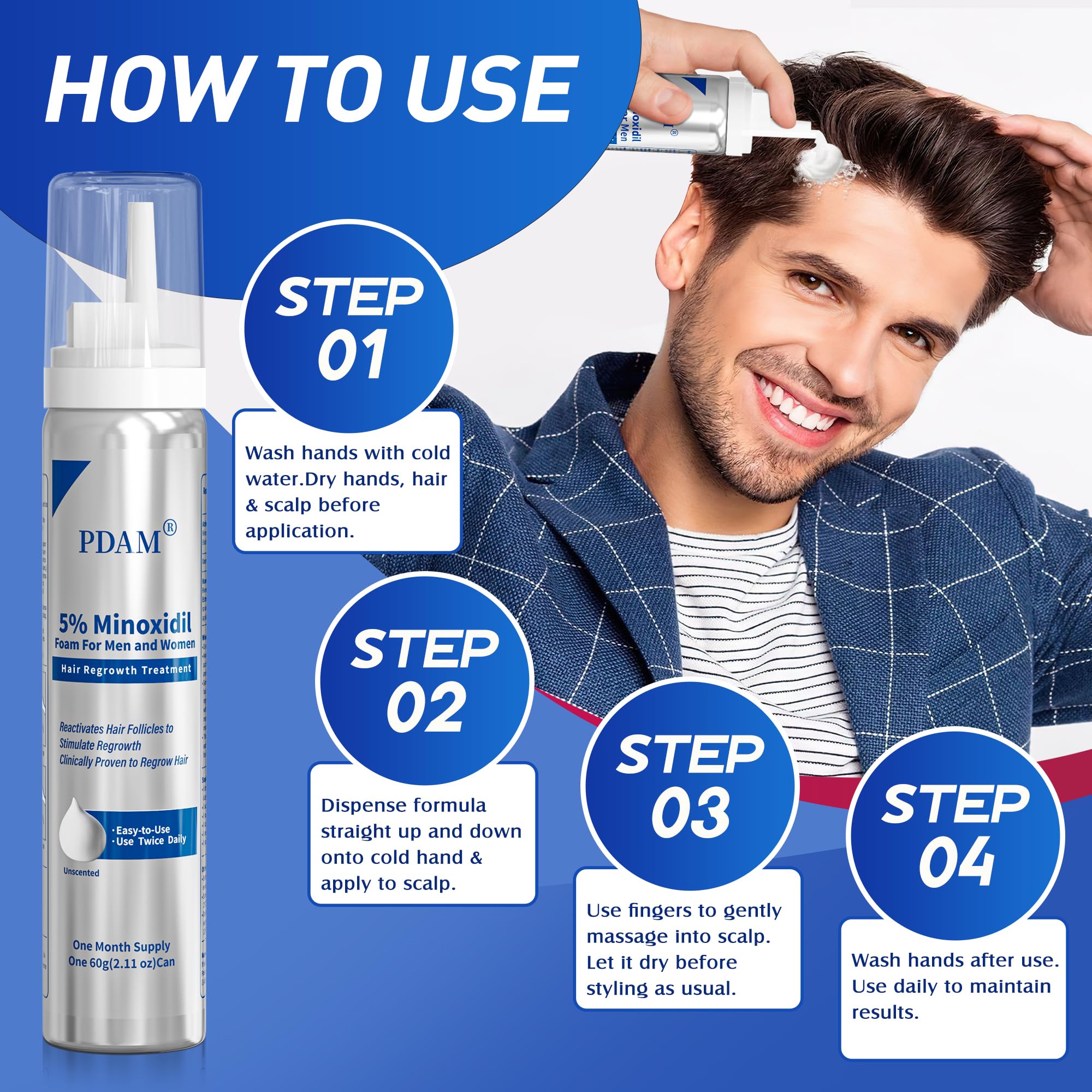 Pdam Minoxidil foam on bathroom shelf in a practical display.