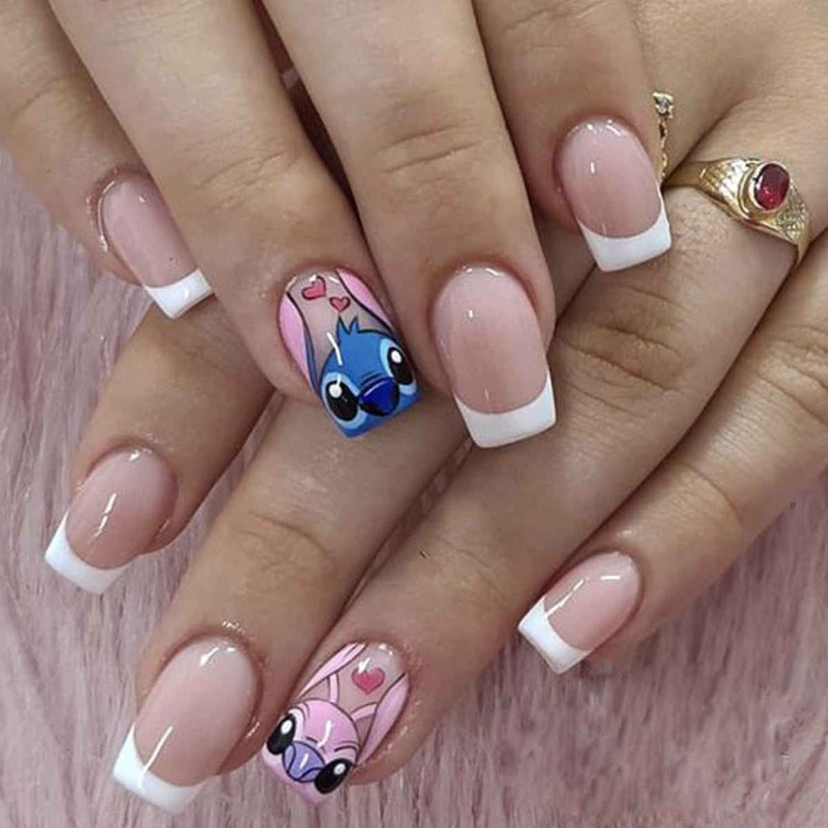 PDFADSK French Tip nails in a short square cartoon design for salon-ready at-home style.