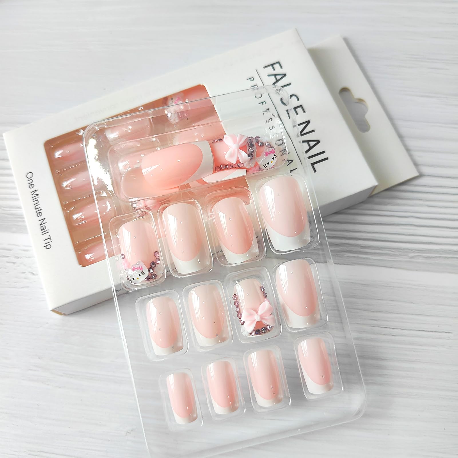 PDFADSK white glossy French tip nails show rhinestones for quick home glam