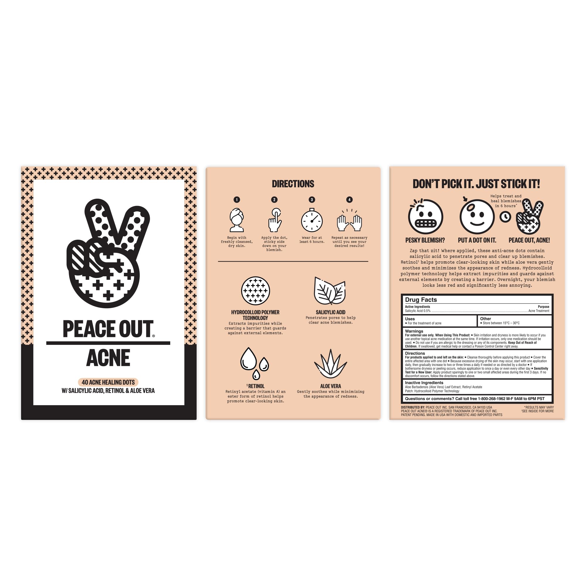 Peace Out Acne Healing Dots on skin close-up demonstrates discreet, thin patch adhesion.