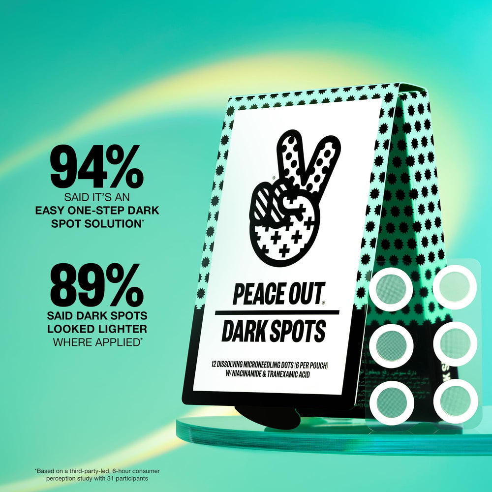 PEACE OUT Dots on face application demonstrates a discreet patch targeting dark spots.