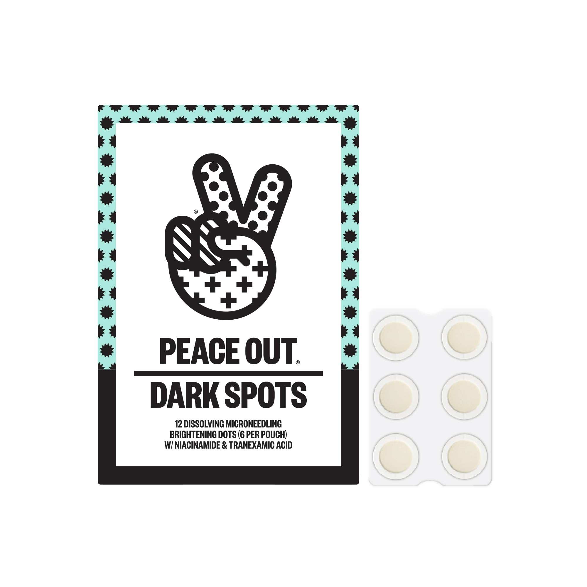 PEACE OUT Microneedling Dots packaging shown for a targeted brightening routine.