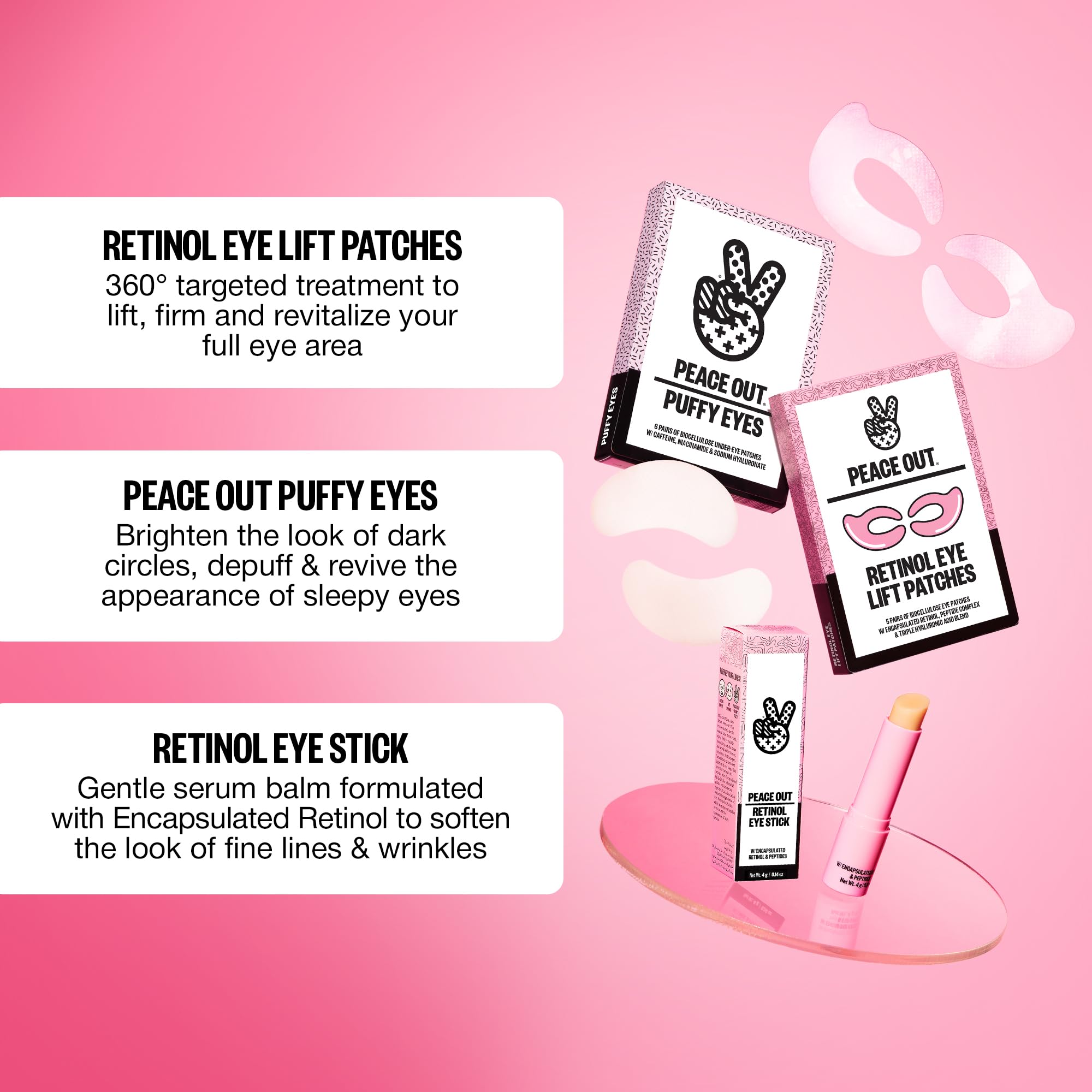 PEACE OUT Retinol Eye Lift Patches close-up on face shows gentle fit.