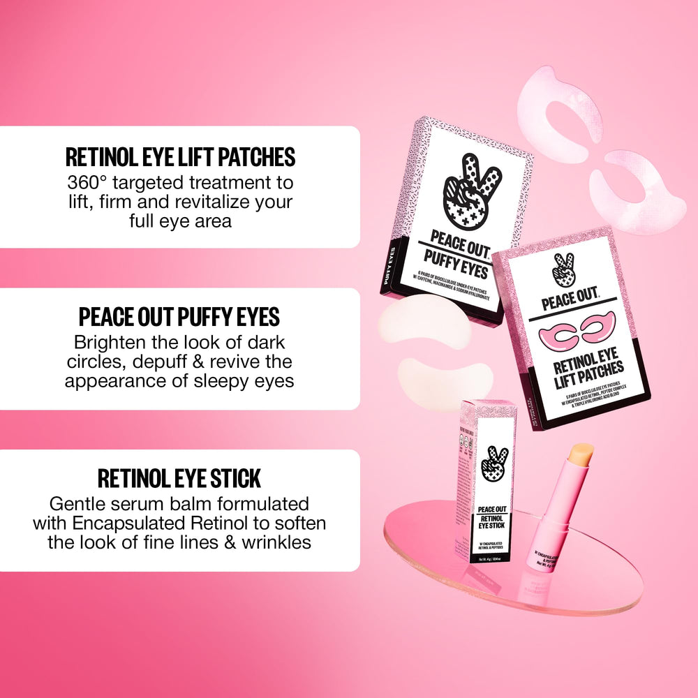 PEACE OUT Retinol Eye Lift Patches close-up on face shows gentle fit.
